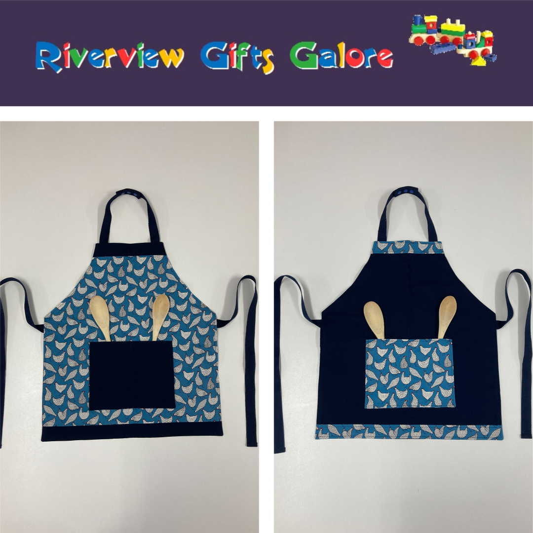 Apron Reversible - Duck Egg Blue Chooks / Navy