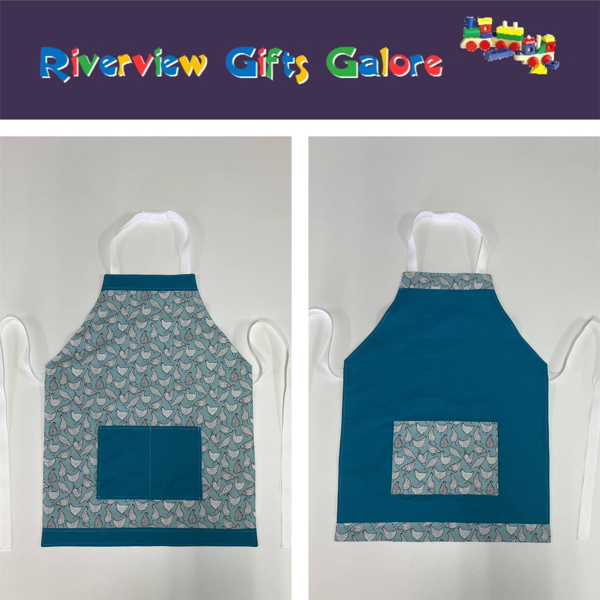 Apron Reversible - Aqua Chooks / Turquoise