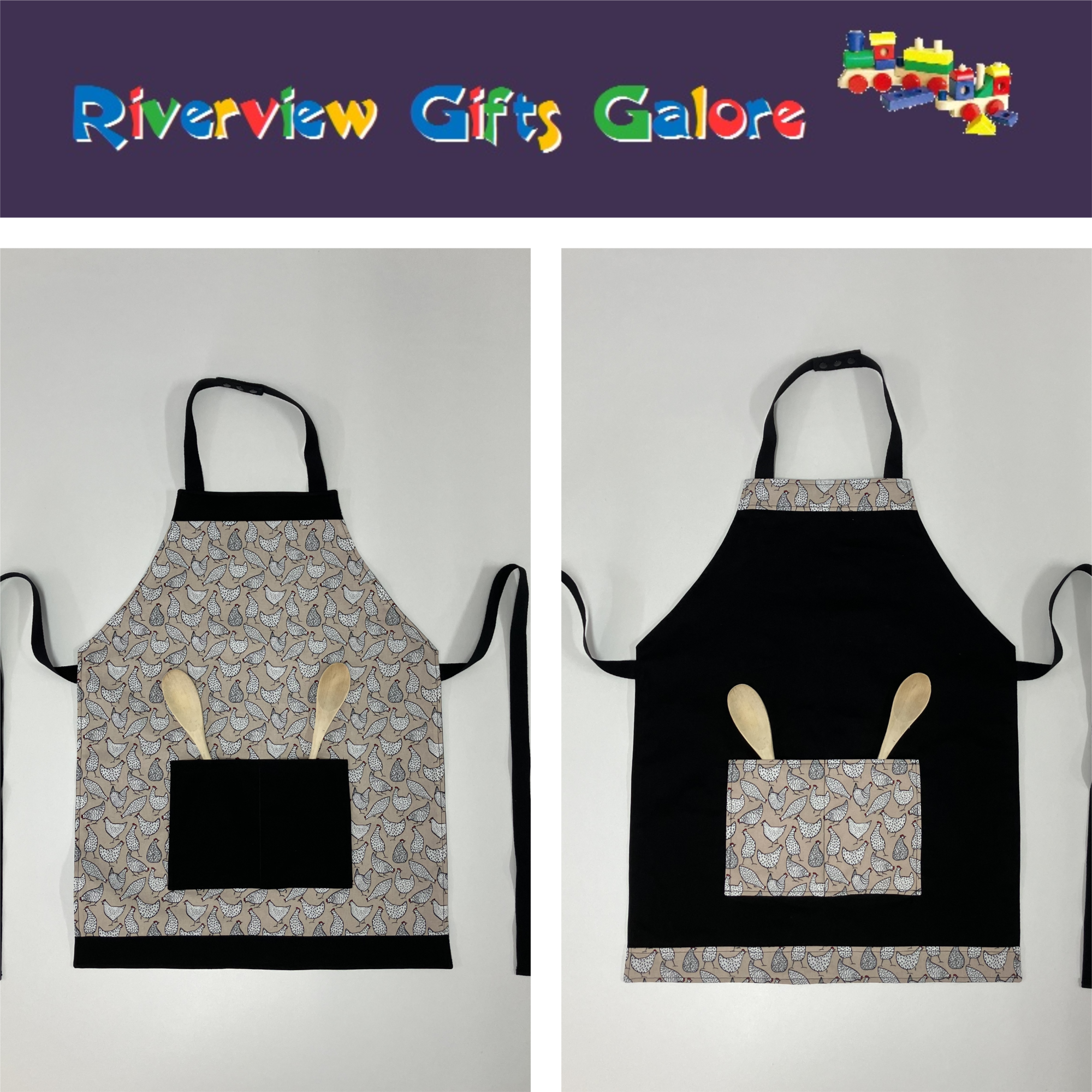 Apron Reversible - Beige Chooks / Black