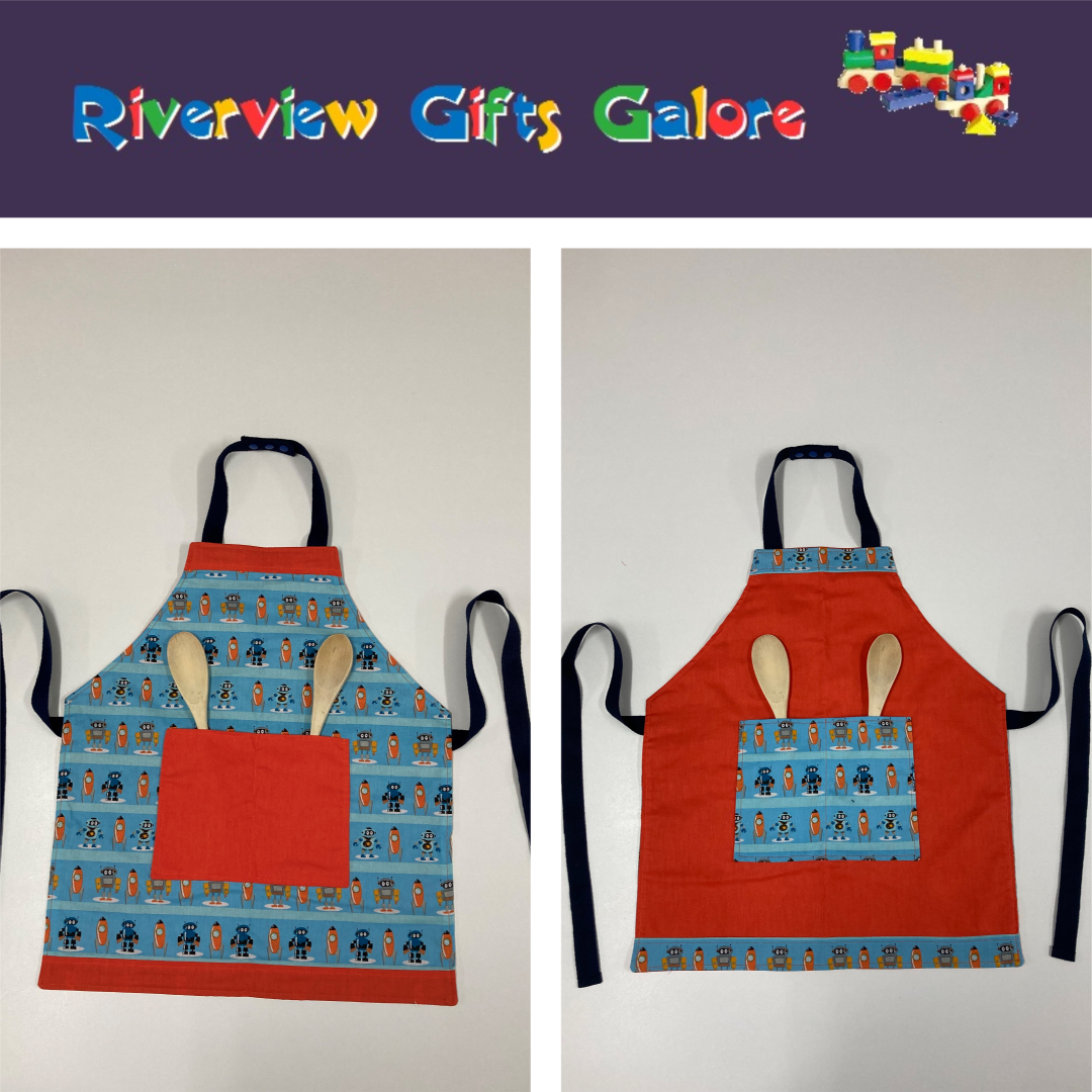 Apron Reversible - Light Blue Robots / Orange