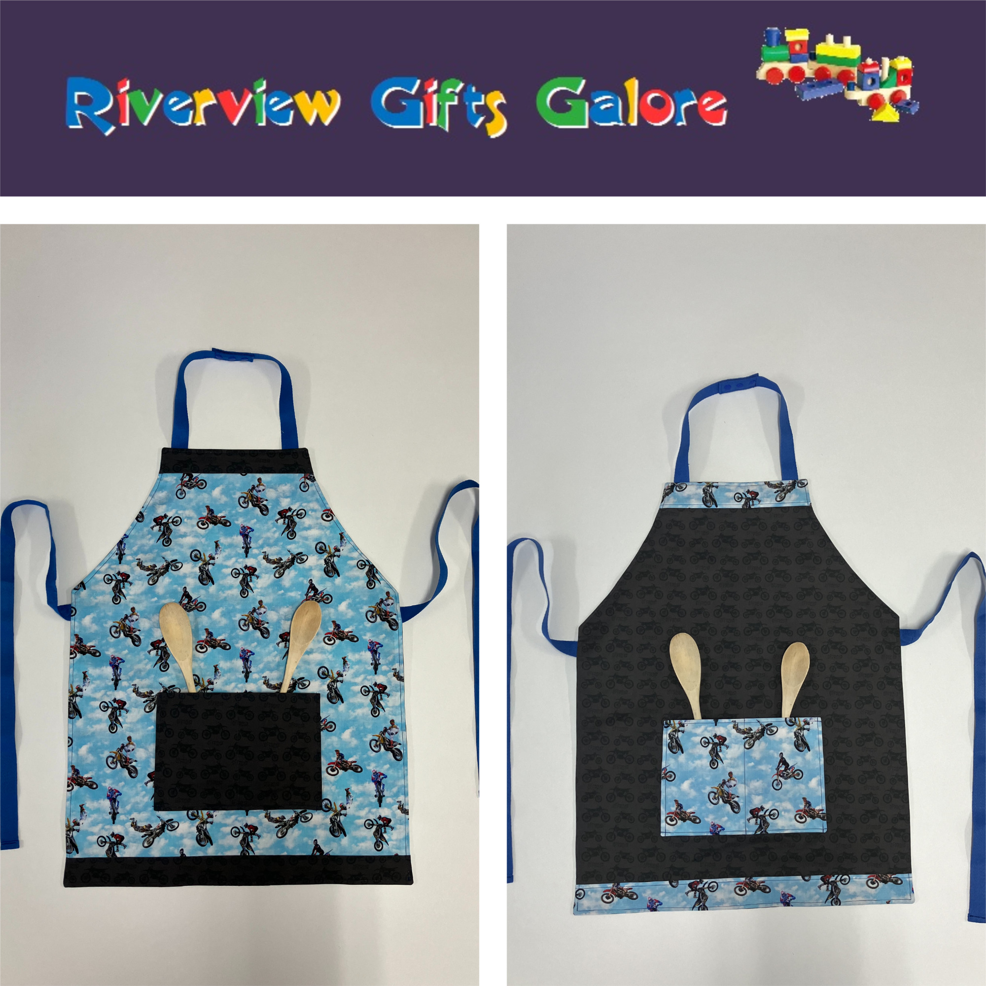 Apron Reversible - Blue Motorbikes / Brown Motorbikes