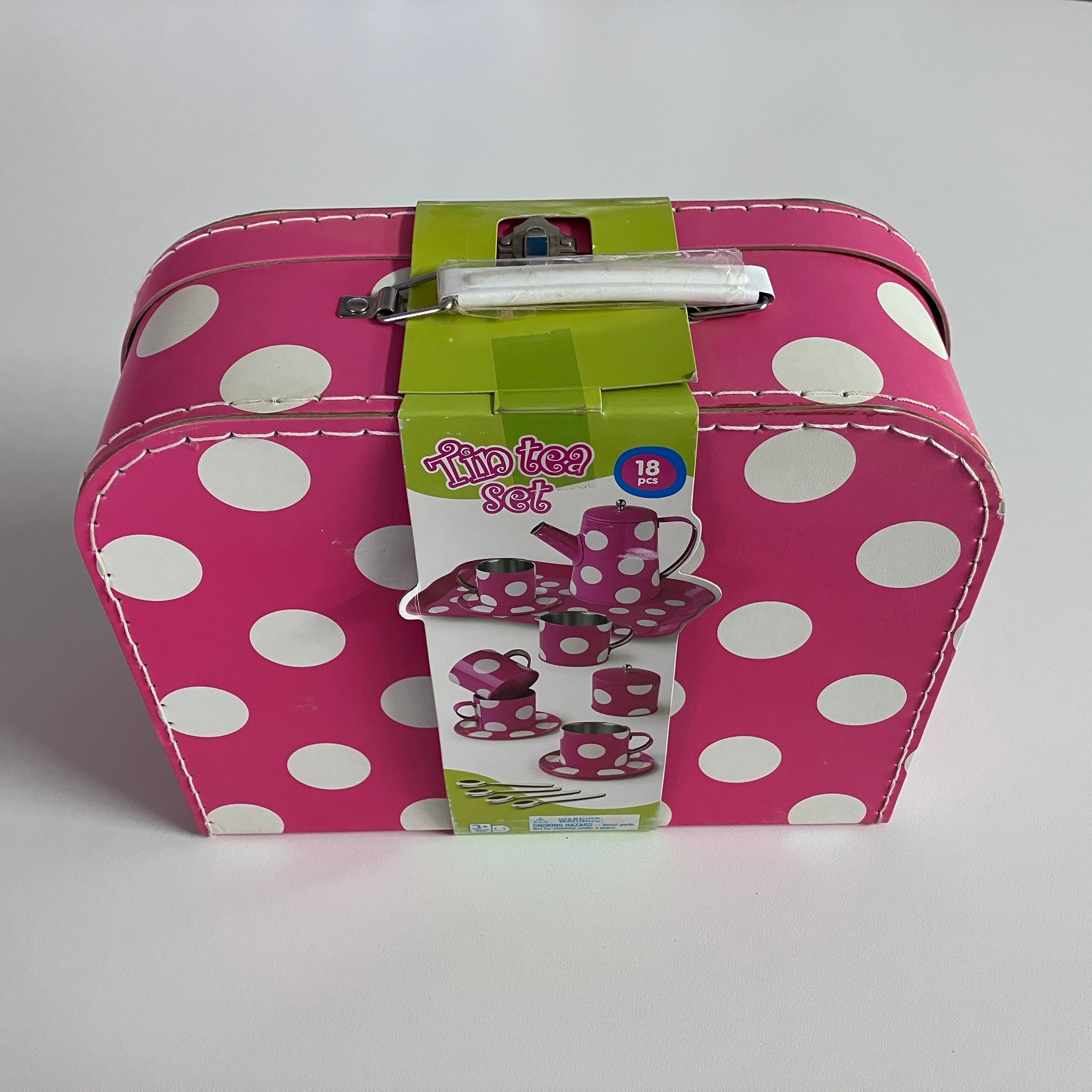 18pc Tin Tea Set - Pink with White Spots