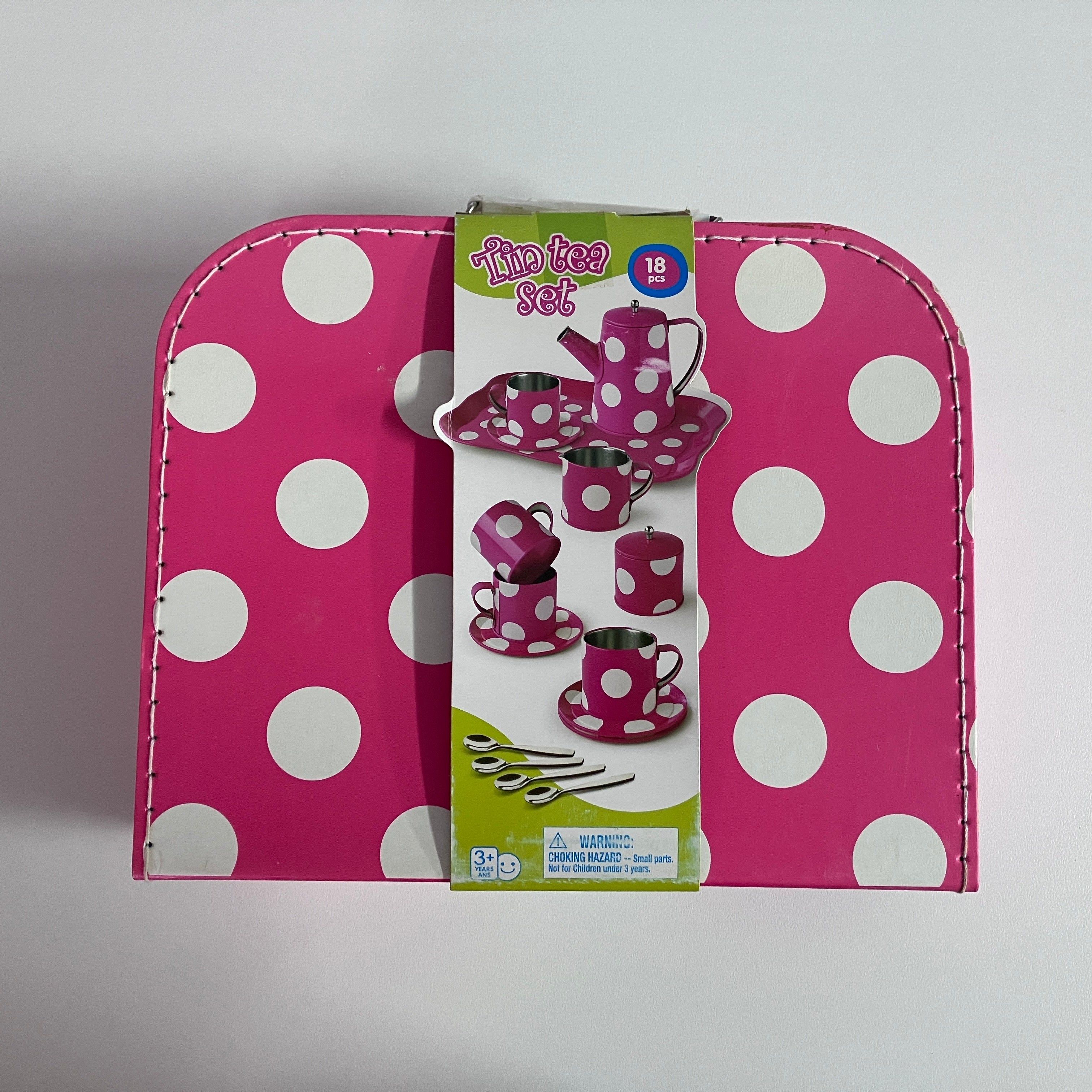 18pc Tin Tea Set - Pink with White Spots