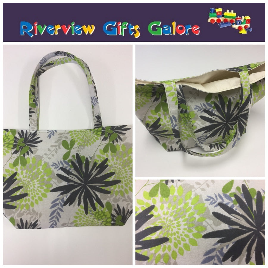 Large Tote Bag – Lime Grey Flowers