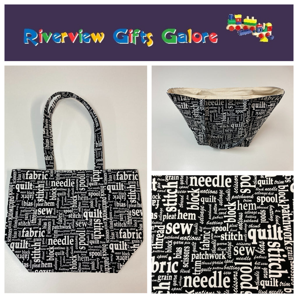 Large Tote Bag – Sewing Words on Black