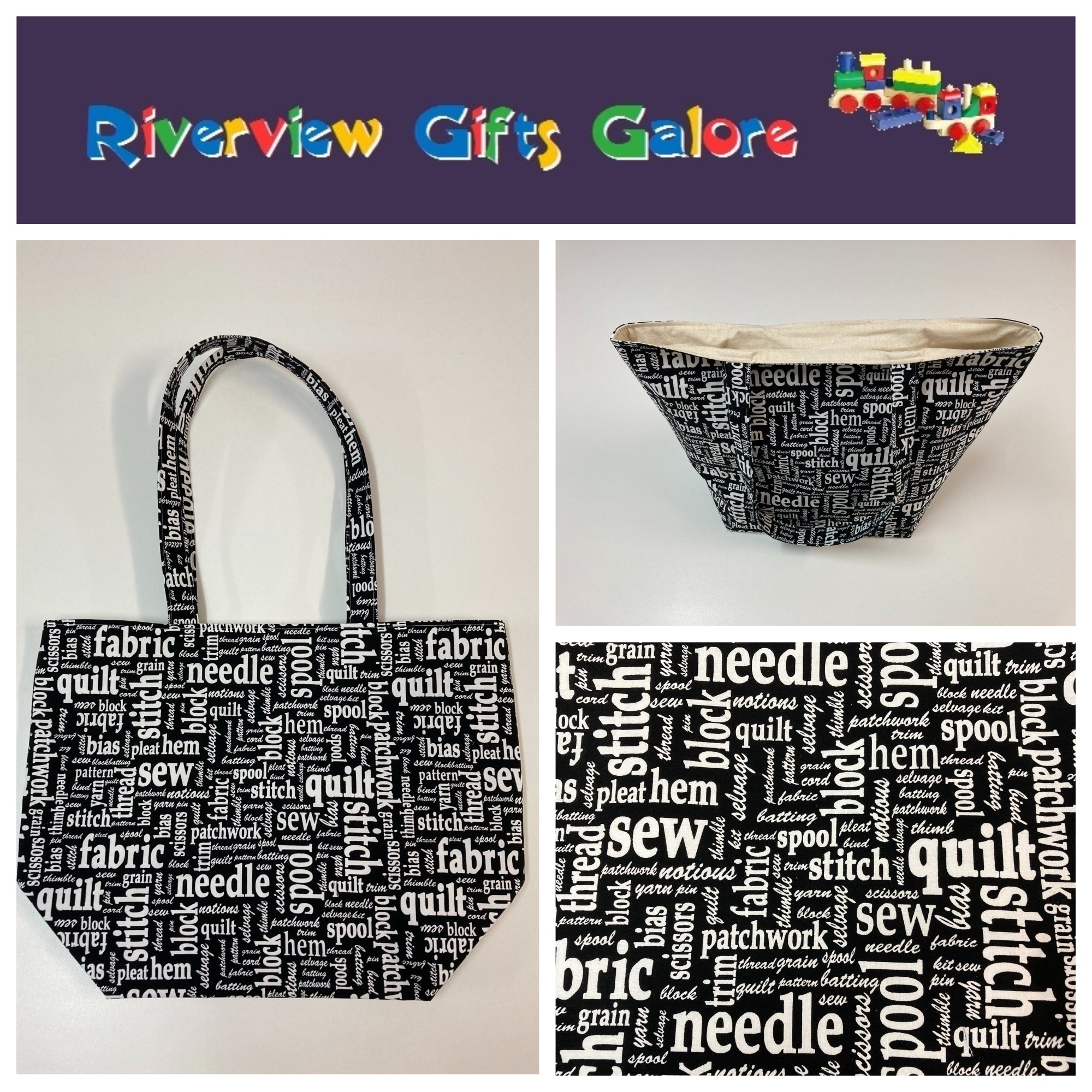 Large Tote Bag – Sewing Words on Black