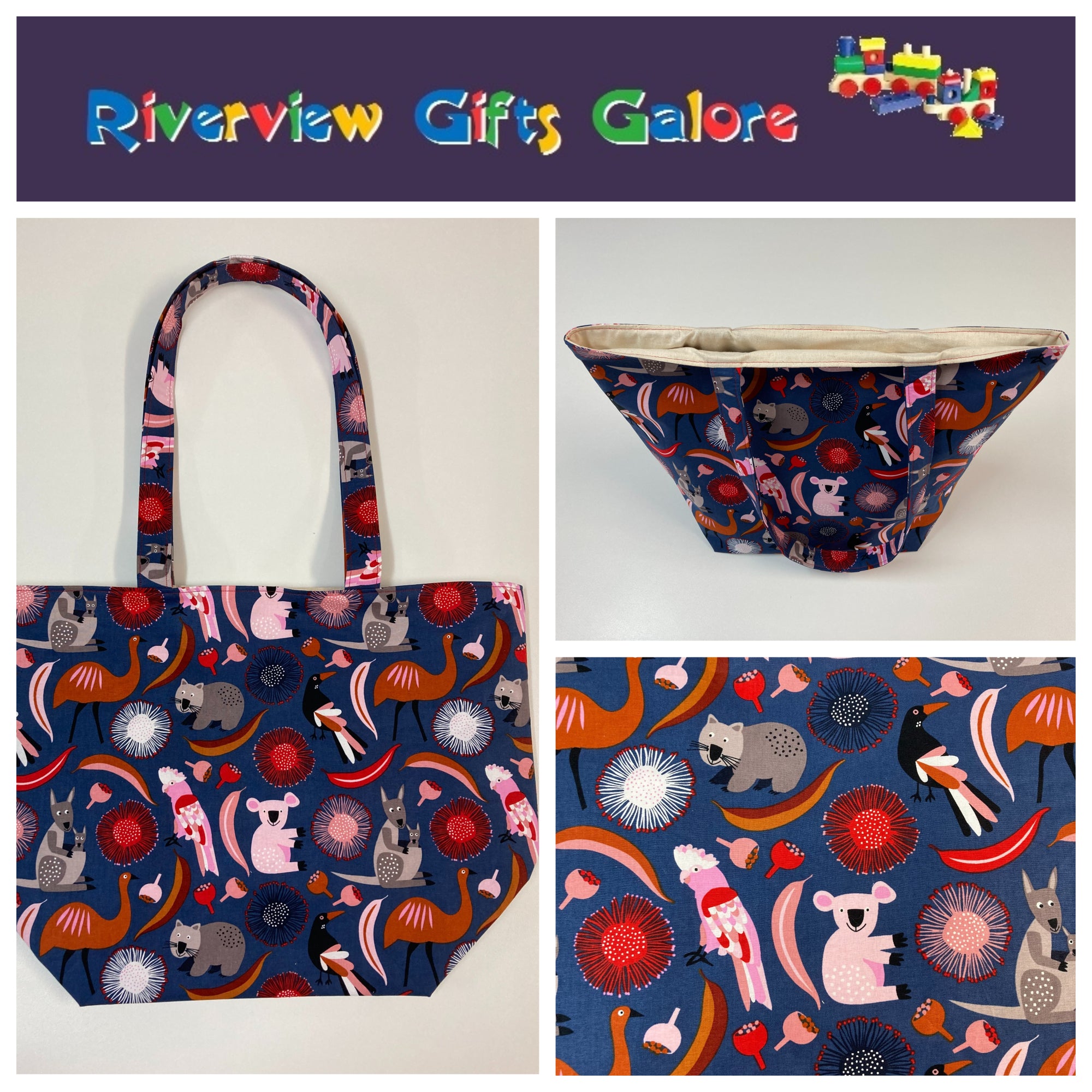 Large Tote Bag – Australian Animals on Navy