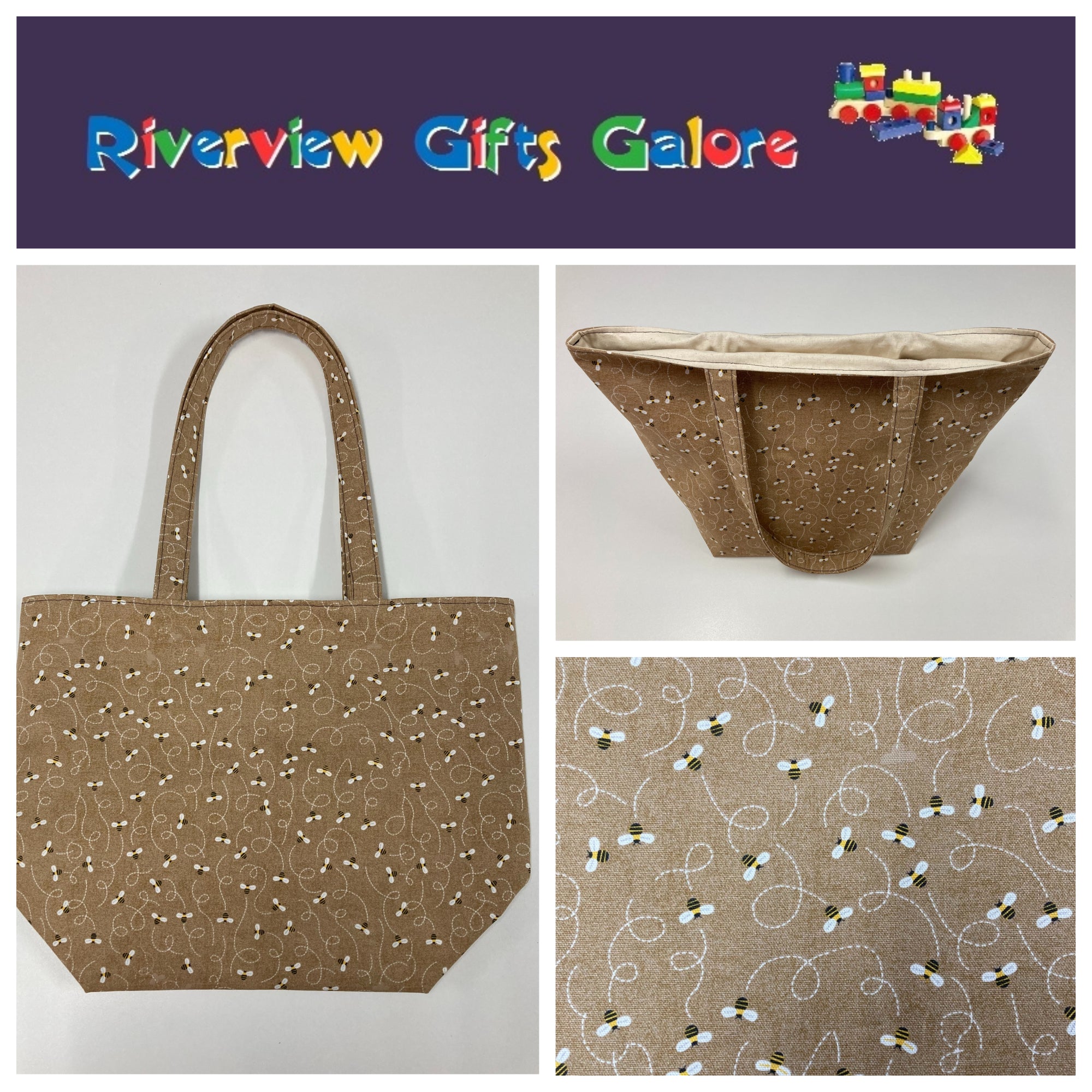 Large Tote Bag – Bees on Taupe
