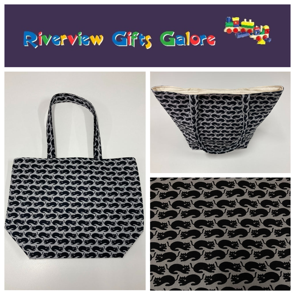 Large Tote Bag – Black Cats on Dark Grey