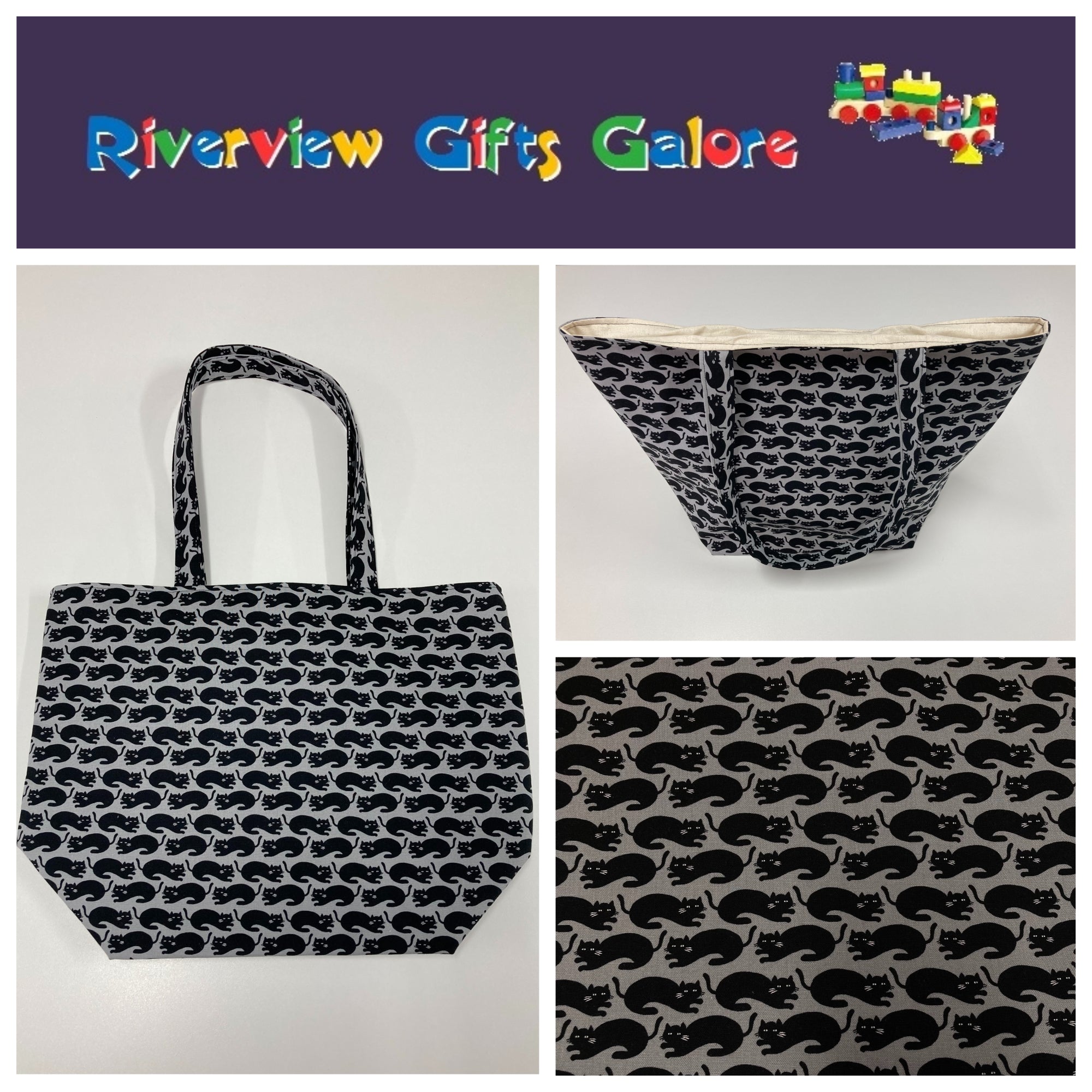 Large Tote Bag – Black Cats on Dark Grey