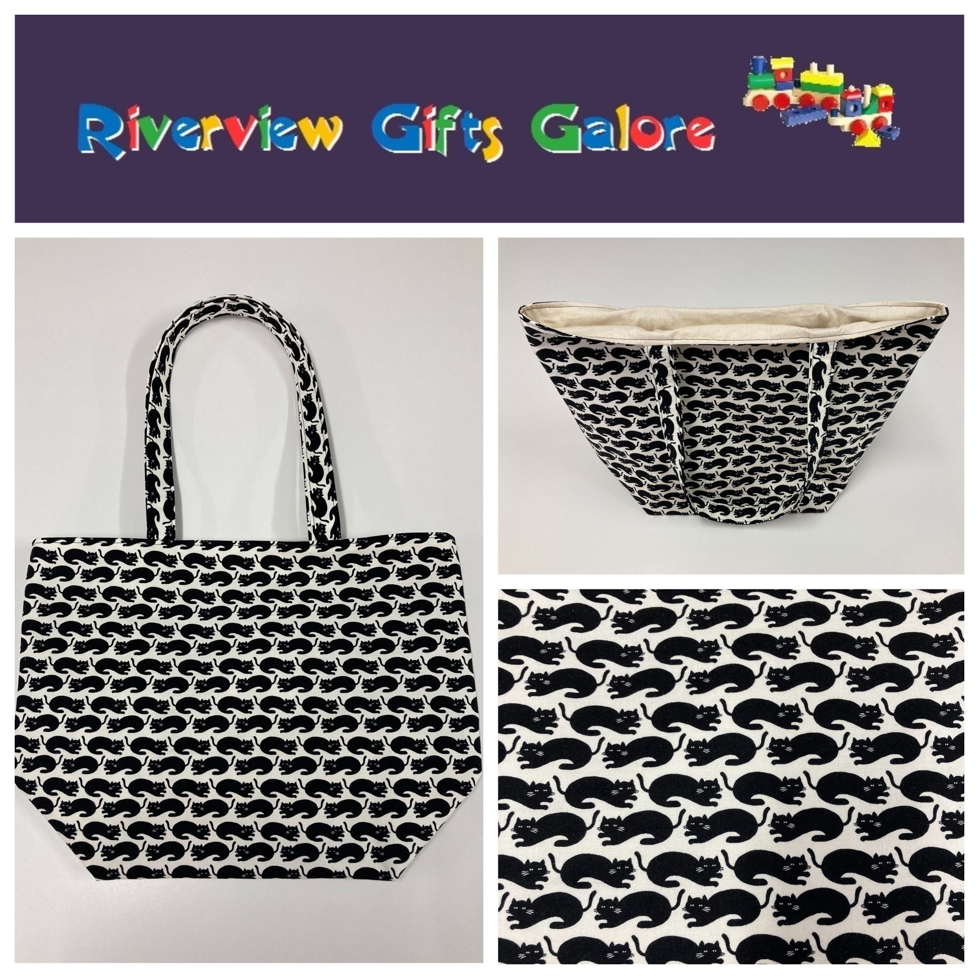 Large Tote Bag – Black Cats on White