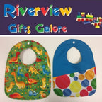 Reversible Bib – Green Dinosaurs / Blue & White with Spots