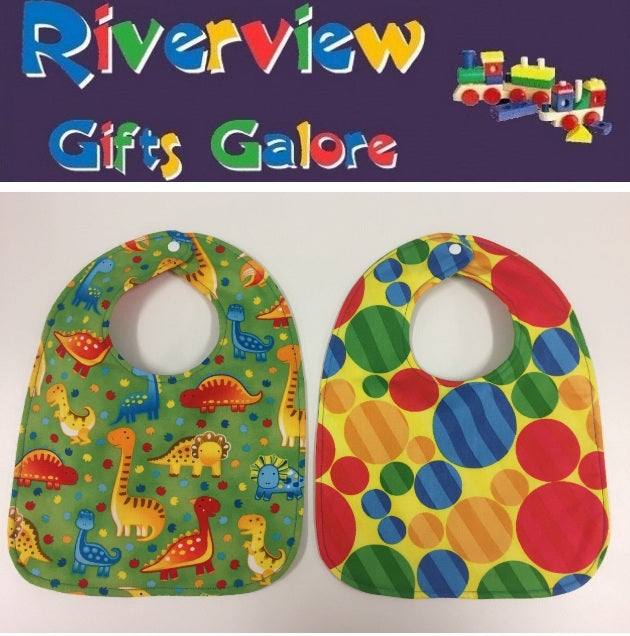 Reversible Bib – Green Dinosaurs / Yellow with Spots