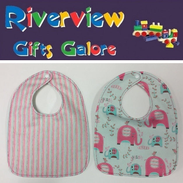 Reversible Bib - Pastel Aqua Elephants / Stripes