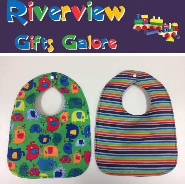 Reversible Bib - Green Elephants / Stripes