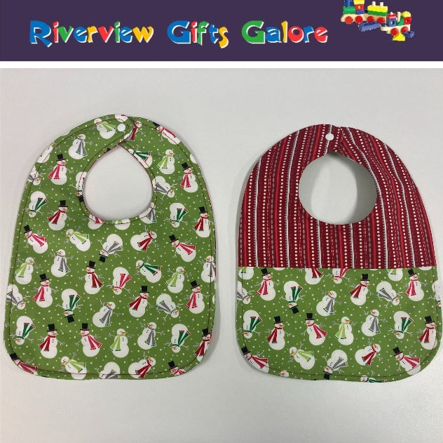 Reversible Bib - Snowman on Green / Red