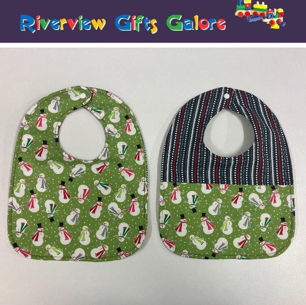 Reversible Bib - Snowman on Green / Grey