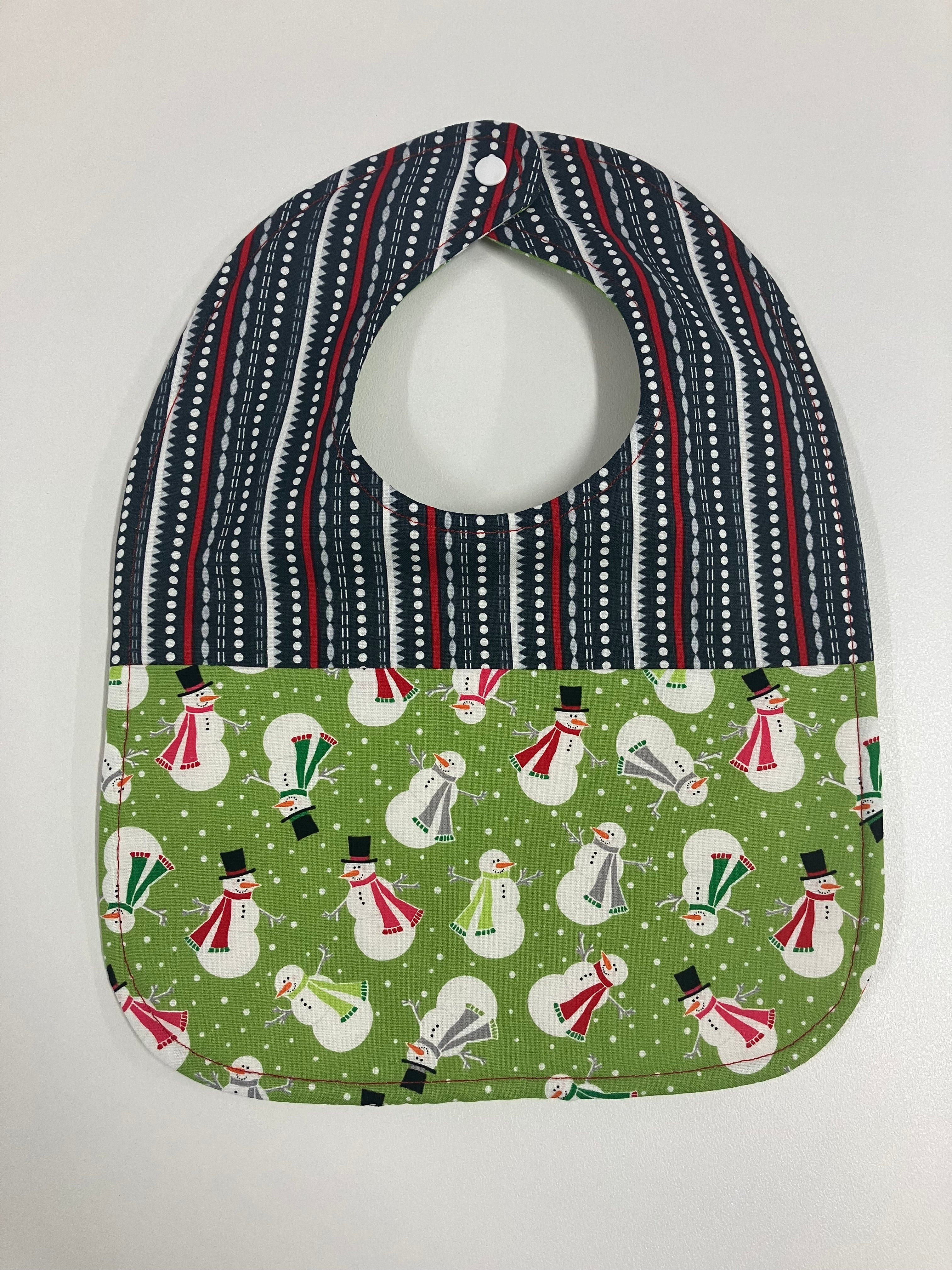 Reversible Bib - Snowman on Green / Grey