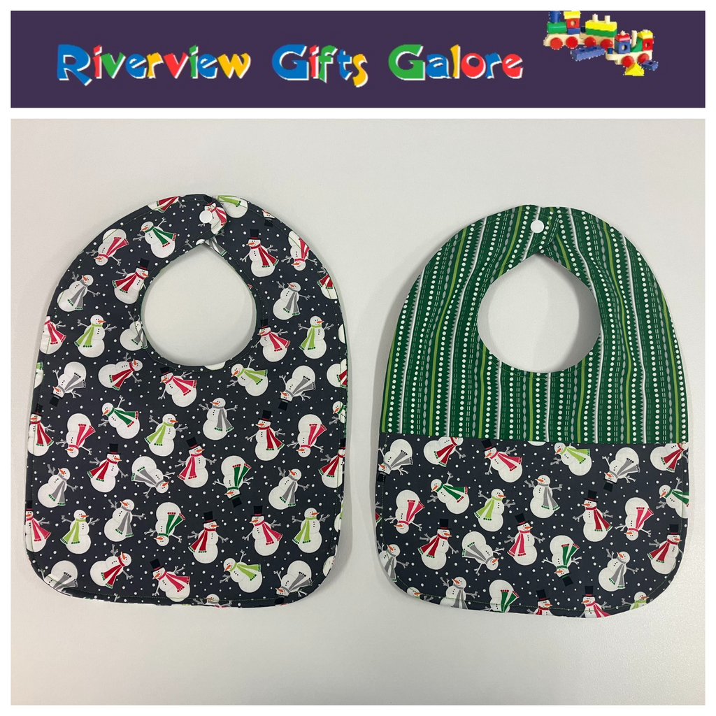 Reversible Bib - Snowman on Grey / Green