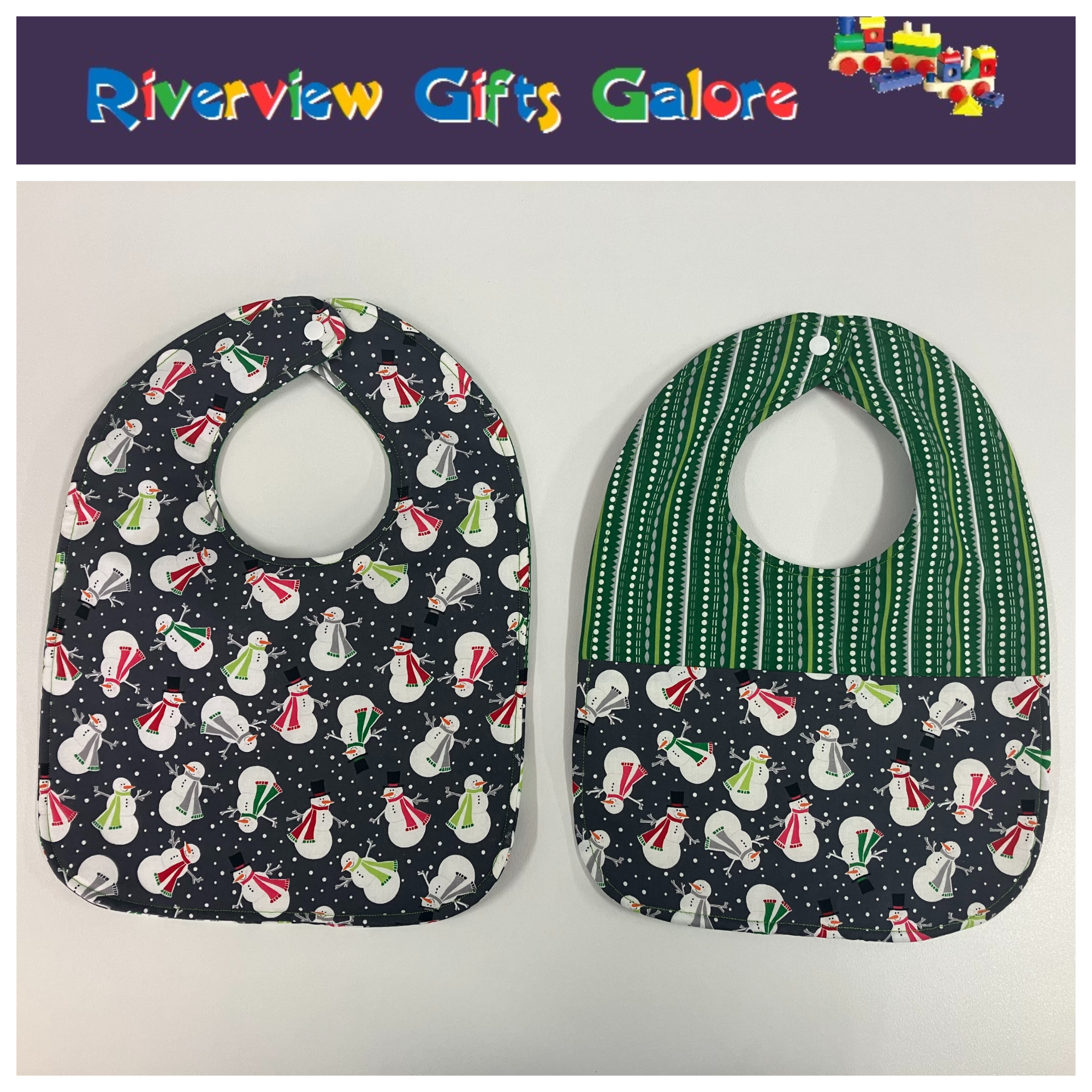 Reversible Bib - Snowman on Grey / Green