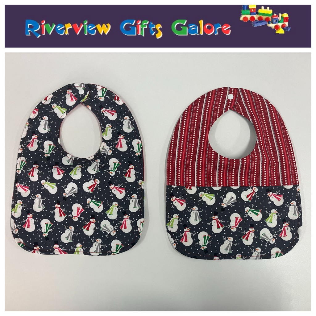 Reversible Bib - Snowman on Grey / Red