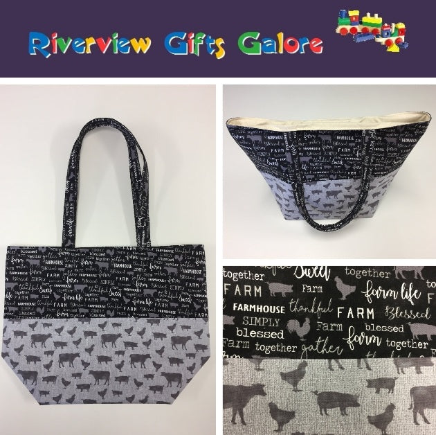 Large Tote Bag – Farm Sweet Farm - Charcoal and Animals