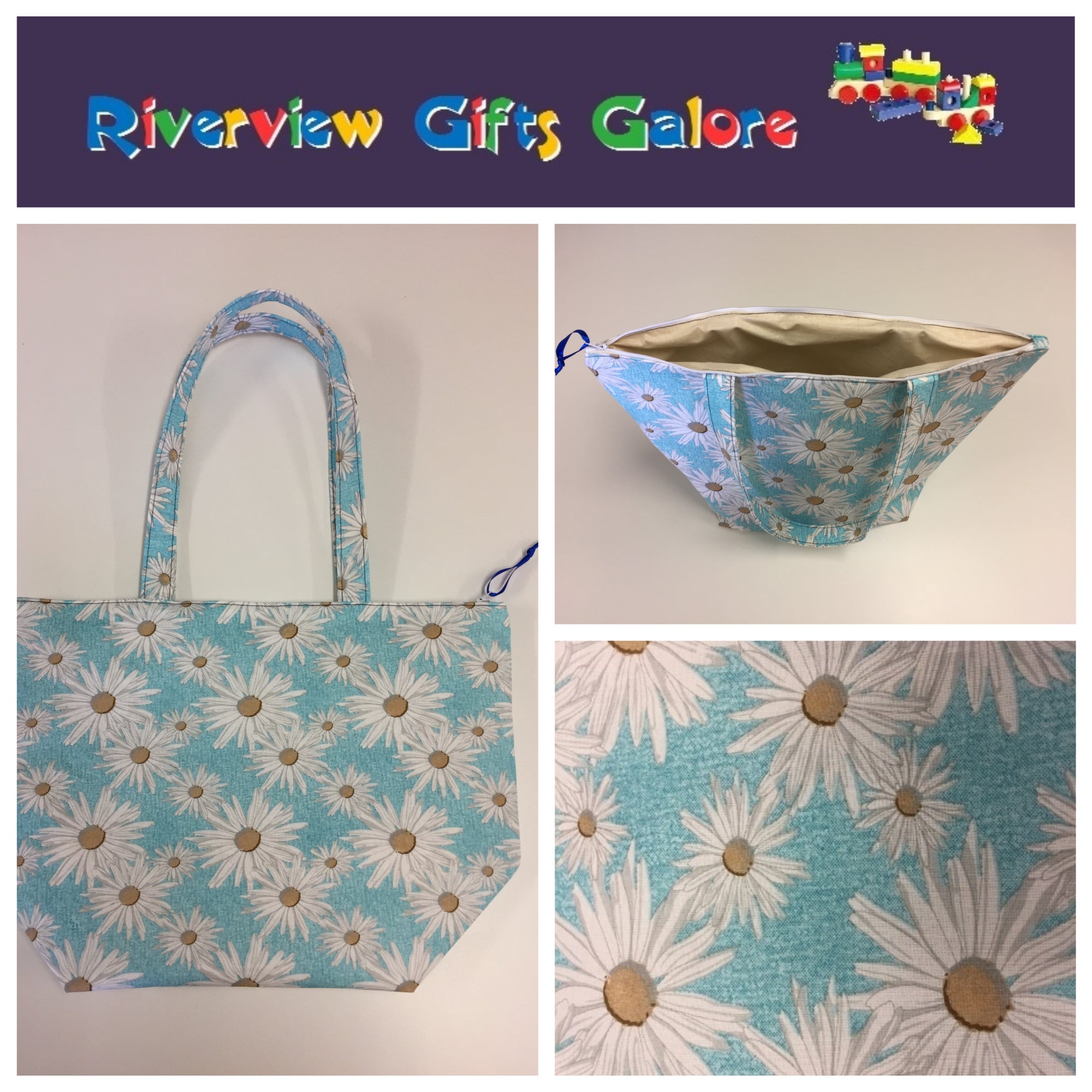 Large Tote Bag with Zip - Daisy Blue