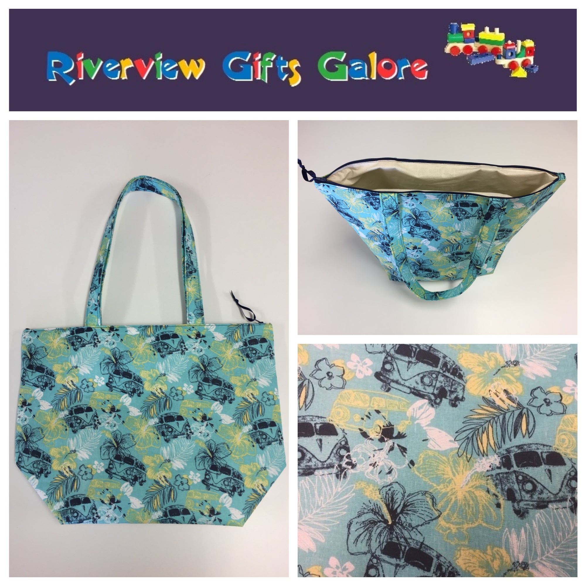 Large Tote Bag with Zip - Hibiscus Combi Blue