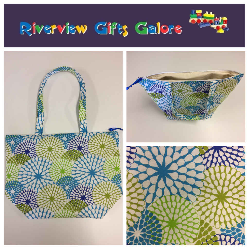 Large Tote Bag with Zip - Blue Green Pattern