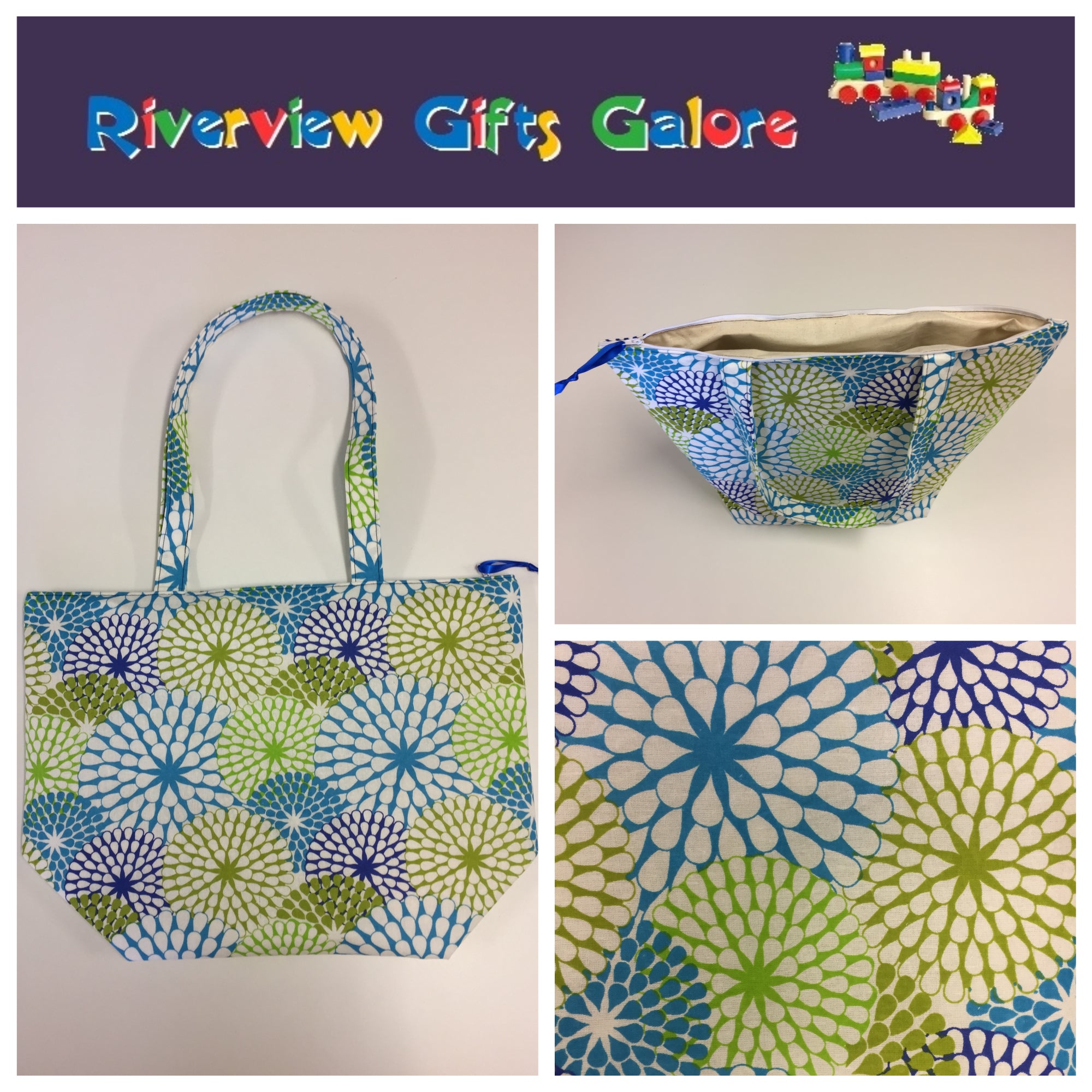 Large Tote Bag with Zip - Blue Green Pattern