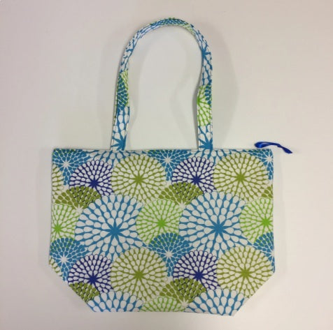Large Tote Bag with Zip - Blue Green Pattern
