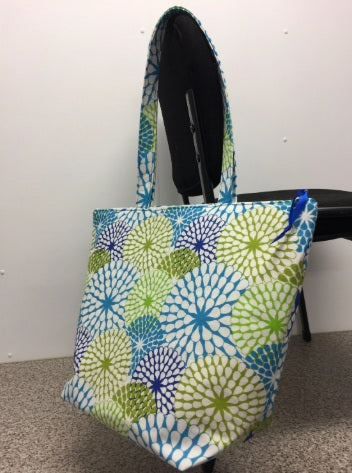 Large Tote Bag with Zip - Blue Green Pattern