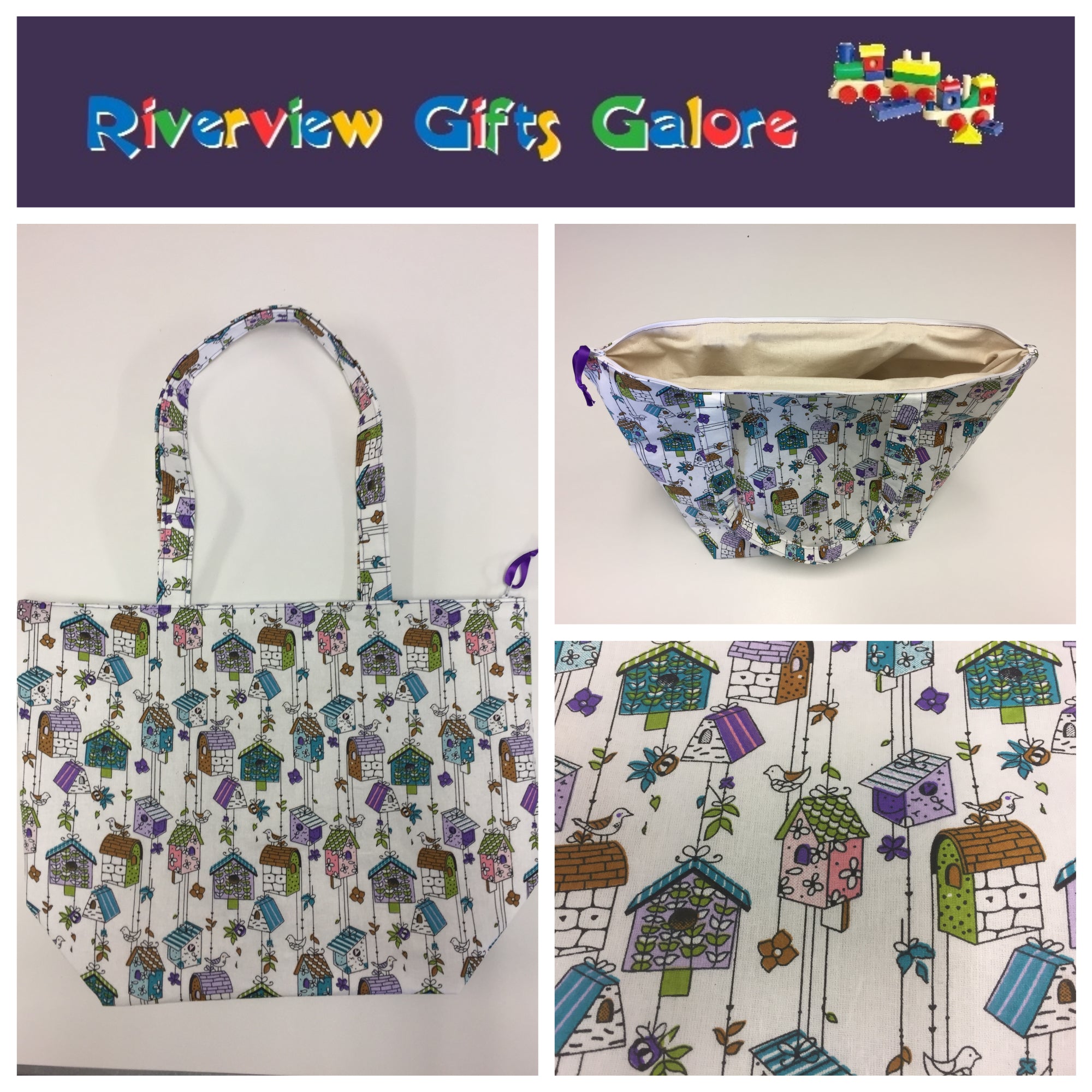 Large Tote Bag with Zip - Bird Houses