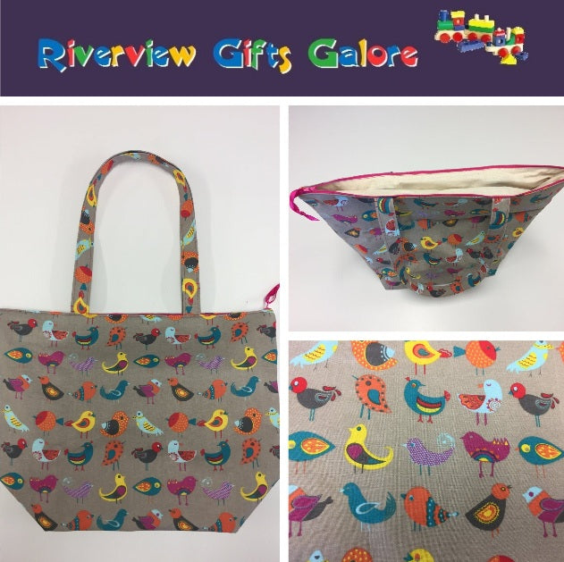 Large Tote Bag with Zip - Birds Taupe