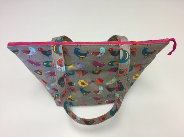 Large Tote Bag with Zip - Birds Taupe
