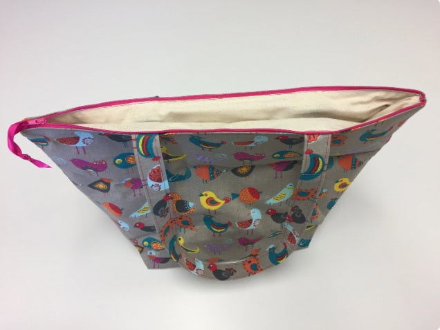 Large Tote Bag with Zip - Birds Taupe