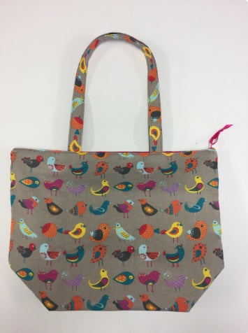 Large Tote Bag with Zip - Birds Taupe