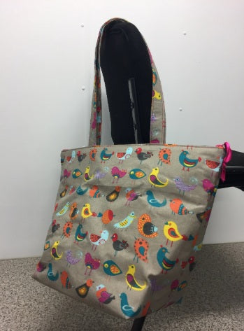 Large Tote Bag with Zip - Birds Taupe