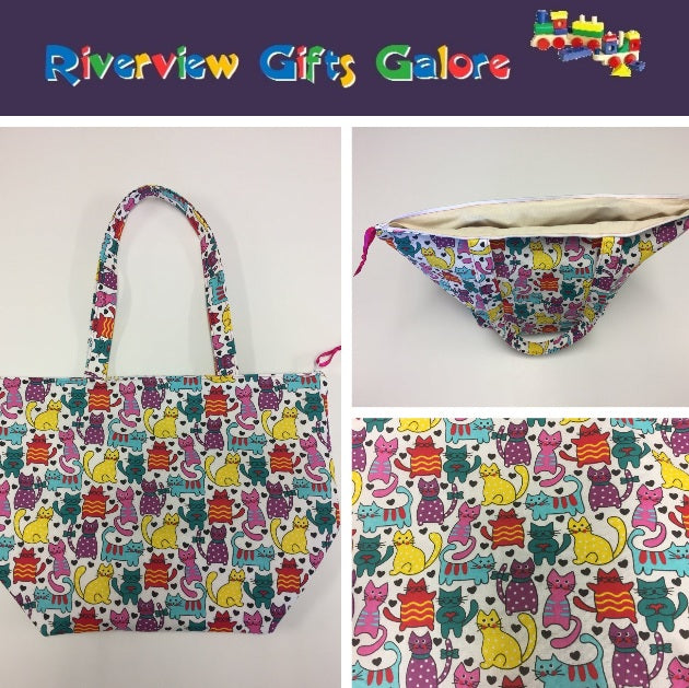 Large Tote Bag with Zip - Multi Coloured Cats