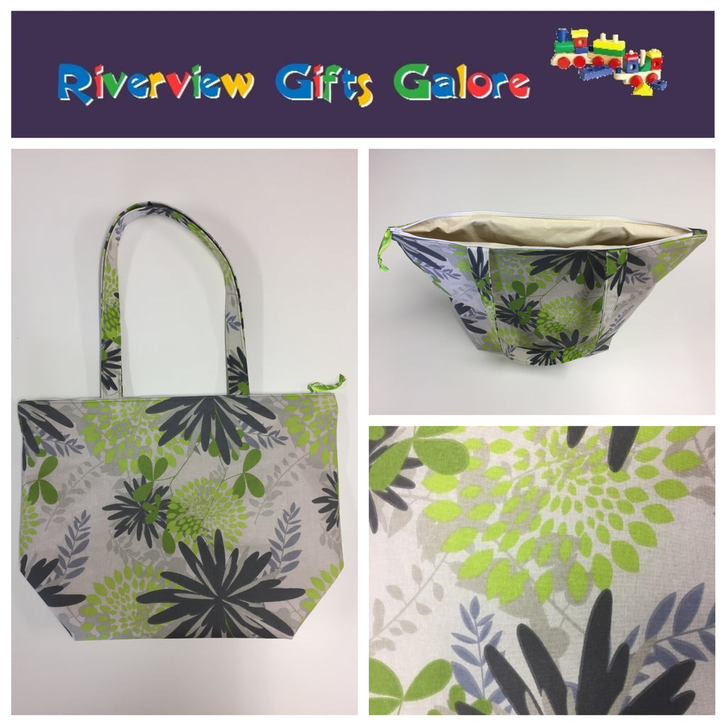 Large Tote Bag with Zip - Lime Grey Flowers