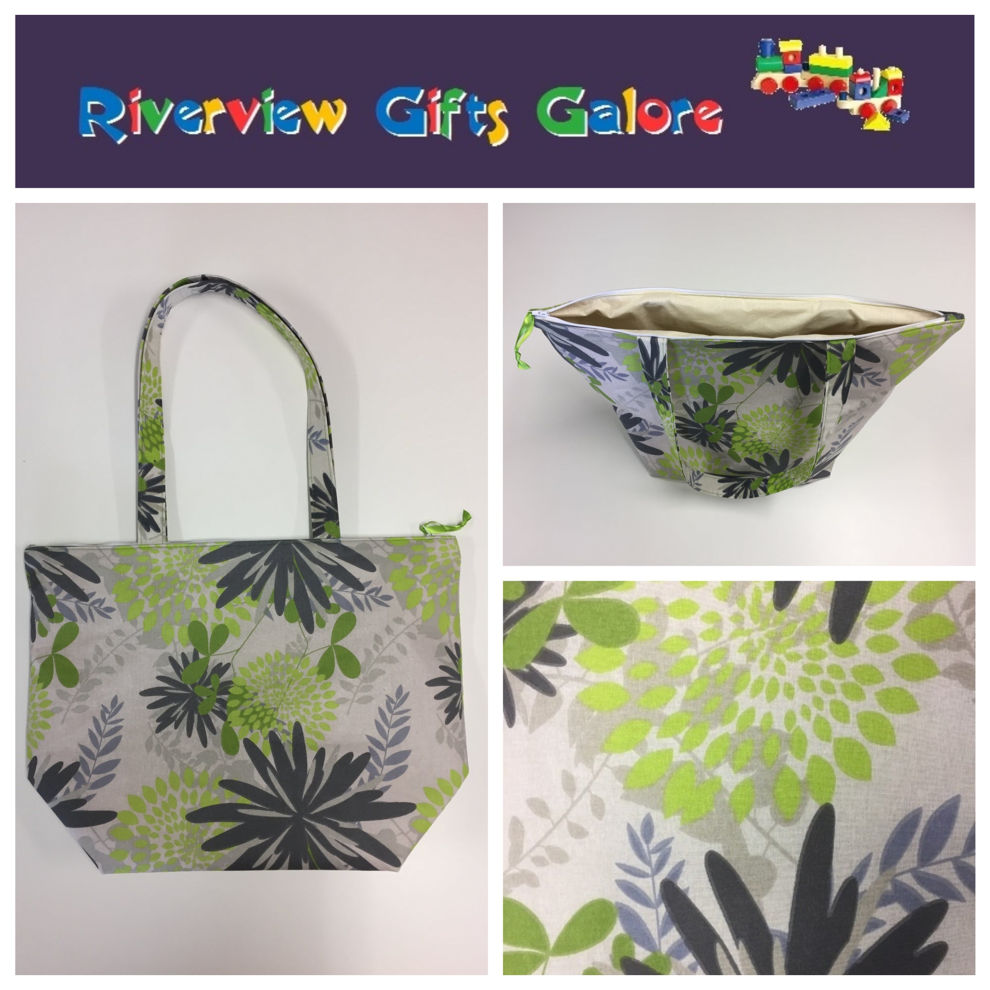 Large Tote Bag with Zip - Lime Grey Flowers