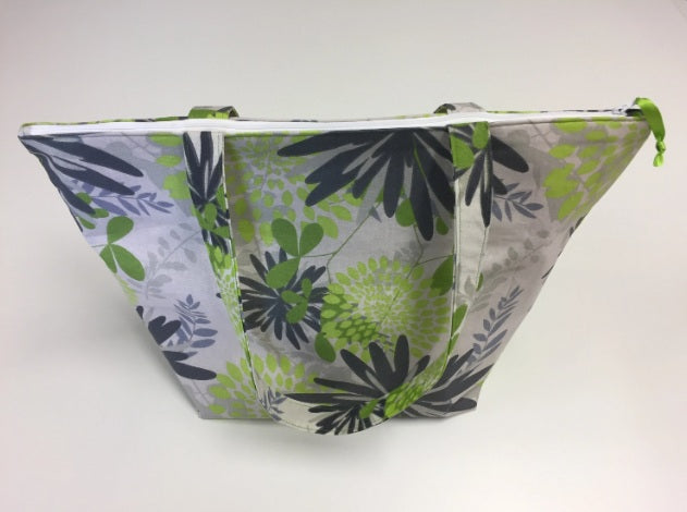 Large Tote Bag with Zip - Lime Grey Flowers