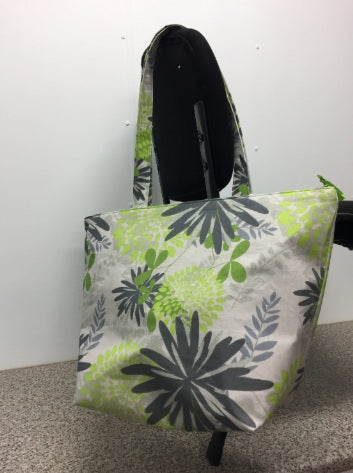 Large Tote Bag with Zip - Lime Grey Flowers