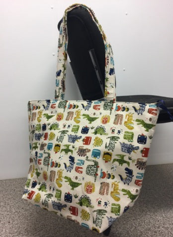 Large Tote Bag with Zip - Dinosaur Cream