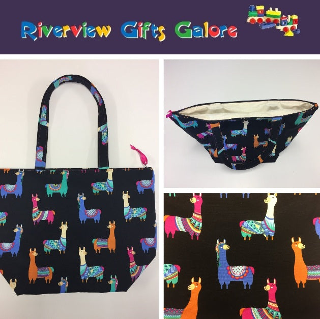 Large Tote Bag with Zip - Llamas Black