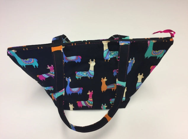 Large Tote Bag with Zip - Llamas Black