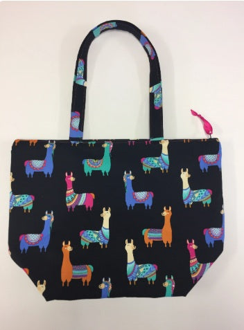 Large Tote Bag with Zip - Llamas Black