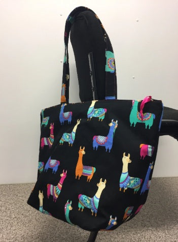 Large Tote Bag with Zip - Llamas Black