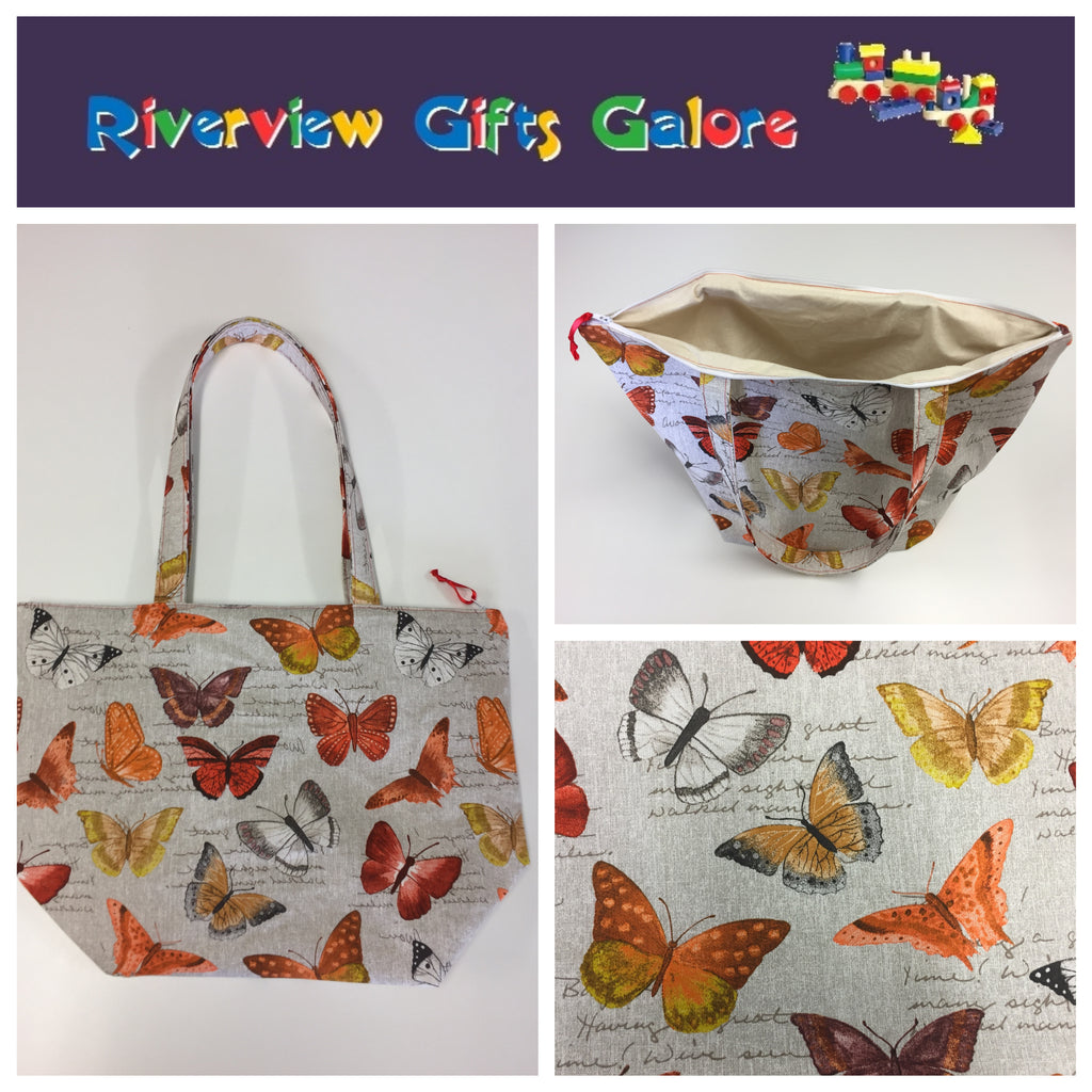 Large Tote Bag with Zip - Orange Butterfly