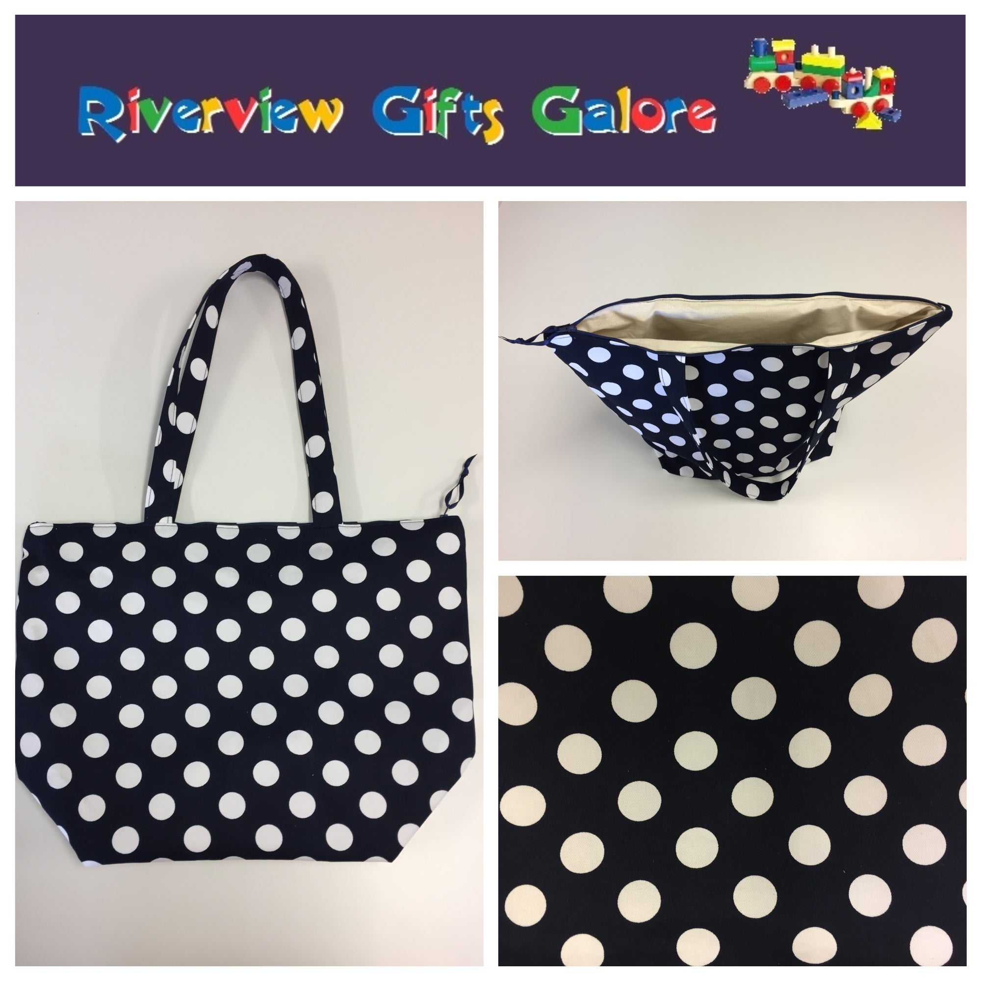 Large Tote Bag with Zip - Navy Spot